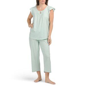 POPPY & CLAY Green Cotton Soft Sense Top And Capri Pants Pajama Set